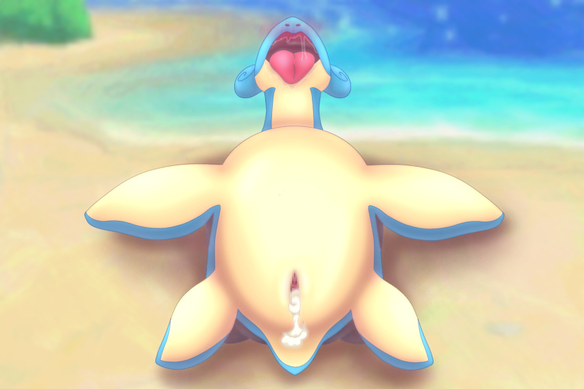 agent_0730 beach blush bodily_fluids censored cum cum_in_pussy cum_inside digital_drawing_(artwork) digital_media_(artwork) featureless_chest female feral genital_fluids genitals hi_res horn lapras long_neck lying marine mosaic_censorship nintendo on_back open_mouth outside pokémon_(species) pokemon pokemon_focus pussy sand seaside shell solo spreading tongue video_games white_body