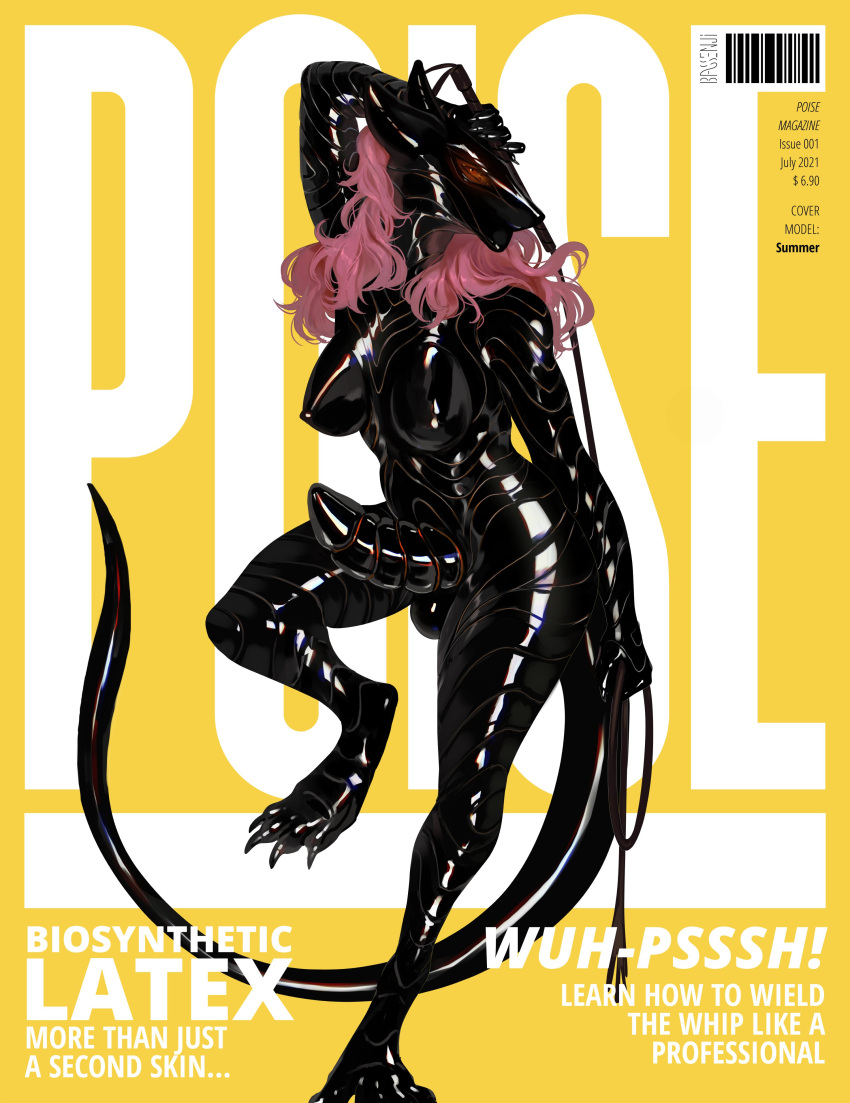 2021 absurd_res anthro anthro_only barcode bassenji biped black_rubber_suit breasts cover english_text erection futanari genitals gynomorph hair hi_res holding_object holding_whip intersex magazine_cover nipples penis pink_hair rubber sergal standing text whip