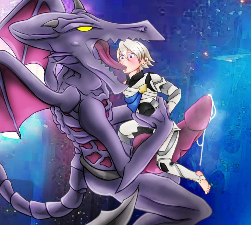 2boys @_@ armor blush commission commissioner_upload cornelly corrin_(fire_emblem) corrin_(male)_(fire_emblem) dragon dragon_wings fire_emblem fire_emblem_fates french_kiss held_up large_penis metroid nintendo precum red_eyes ridley silver_hair straddling super_smash_bros. tail tongue_in_mouth yaoi zoophilia