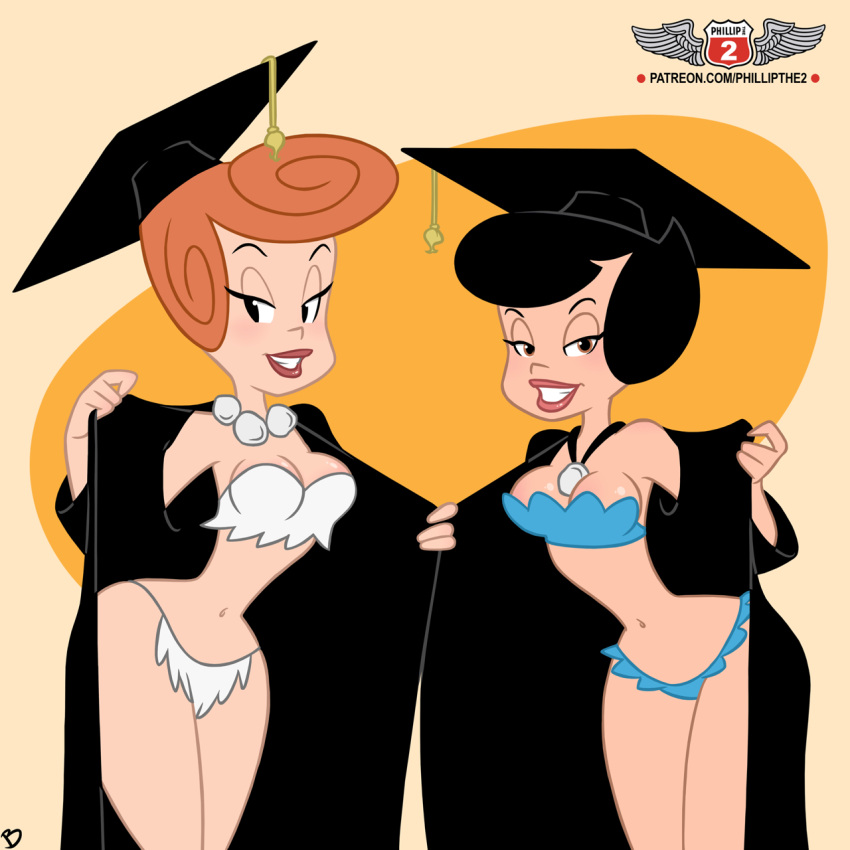 2girls betty_rubble black_eyes black_hair bra brown_eyes cleavage clothed flashing graduation graduation_cap hanna-barbera jewelry lipstick multiple_females necklace orange_hair panties phillipthe2 redhead roger_bacon smile the_flintstones underwear wide_hips wilma_flintstone