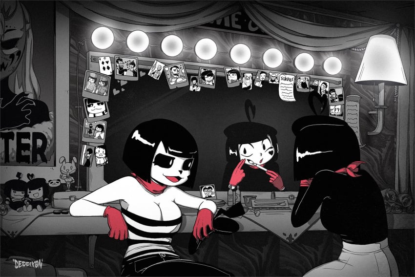 2girls black_hair bonbon_(derpixon) chuchu_(derpixon) cleavage derpixon detailed_background female female_only mime mime_and_dash mime_girl