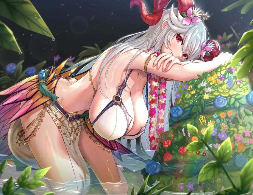 1girls absurdres alternate_costume armpits ass_cleavage bent_over bikini blush breasts butt_crack cleavage colored_inner_hair female fire_emblem fire_emblem_heroes flower flower_necklace freyja_(fire_emblem) freyja_(summer)_(fire_emblem) goat_horns gonzarez gradient_hair grey_hair hair_flower hair_ornament hanging_breasts highres horns jewelry large_breasts light_blue_hair long_hair looking_at_viewer multicolored_hair nail_polish navel necklace nintendo official_alternate_costume pelvic_curtain red_eyes showgirl_skirt simple_background smile solo swimsuit thorns white_background white_bikini white_swimsuit