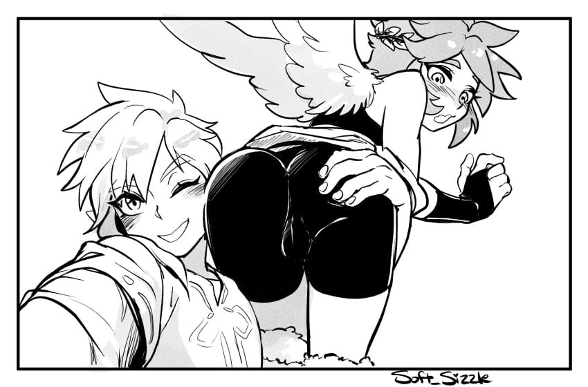 2boys angel ass ass_grab big_ass blush crossover curvaceous femboy gay groping high_resolution huge_ass kid_icarus kid_icarus_uprising link looking_at_viewer looking_back male male_only monochrome multiple_boys nintendo pit_(kid_icarus) self_shot selfie smile soft_sizzle the_legend_of_zelda thighs wings