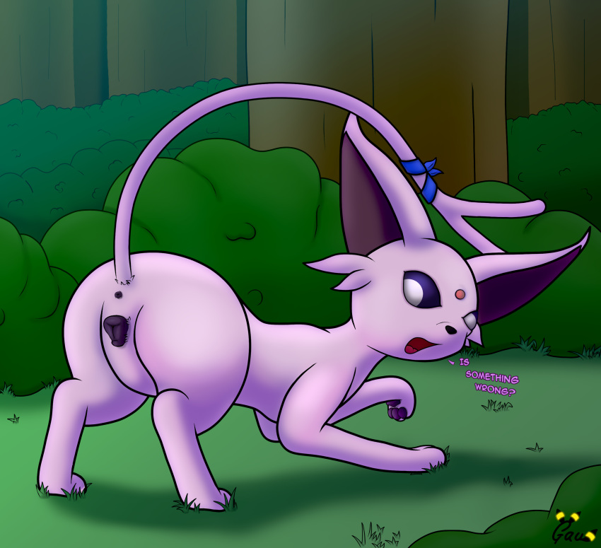 absurd_res animal_genitalia animal_pussy anus ass canine_pussy detailed_background eeveelution espeon female feral forest fur gau_(artist) genitals grass hi_res looking_back lyka_(espeon) mammal nintendo open_mouth outside plant pokémon_(species) pokemon pokemon_mystery_dungeon presenting purple_body purple_fur pussy question ribbons shrub solo text tongue tree video_games