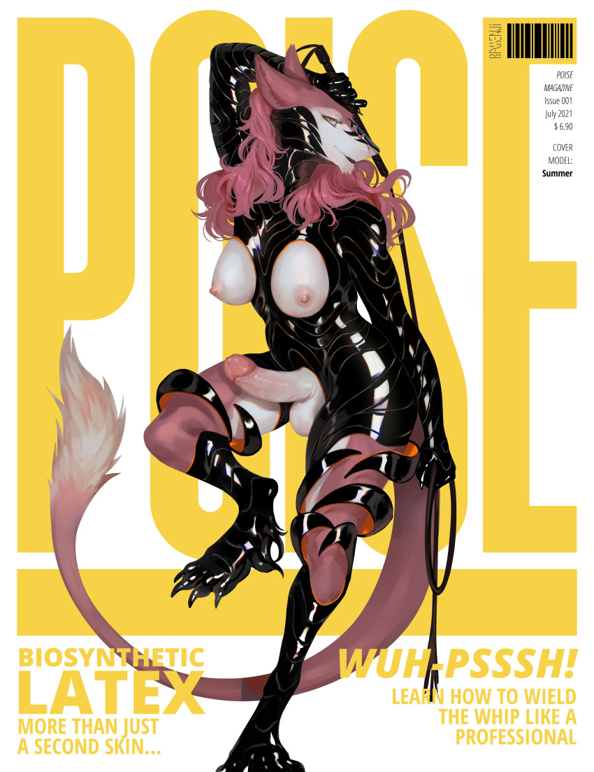 2021 absurd_res anthro anthro_only barcode bassenji biped breasts cover english_text erection futanari genitals gynomorph hair hi_res holding_object holding_whip intersex magazine_cover nipples penis pink_hair rubber sergal standing text whip