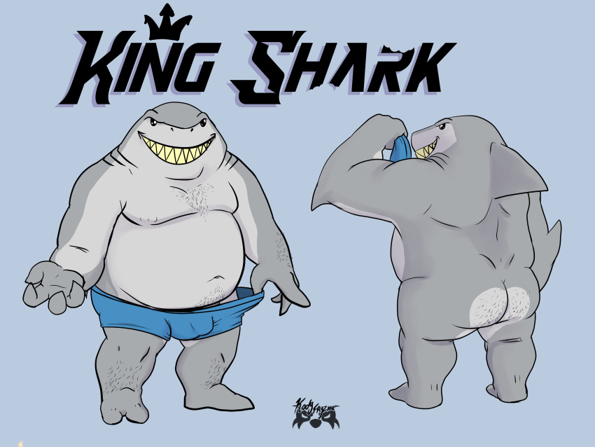 2021 absurd_res anthro ass belly_hair body_hair boxer_briefs bulge butt_hair chest_hair clothed clothing dc_comics detailed_bulge fish front_view genital_outline gills grey_body grin harley_quinn_(series) hi_res holding_clothing holding_object king_shark kody_fryzma leg_hair male male_only marine musclegut nude overweight overweight_anthro overweight_male penis_outline rear_view shark sharp_teeth smile solo standing teeth text topless underwear