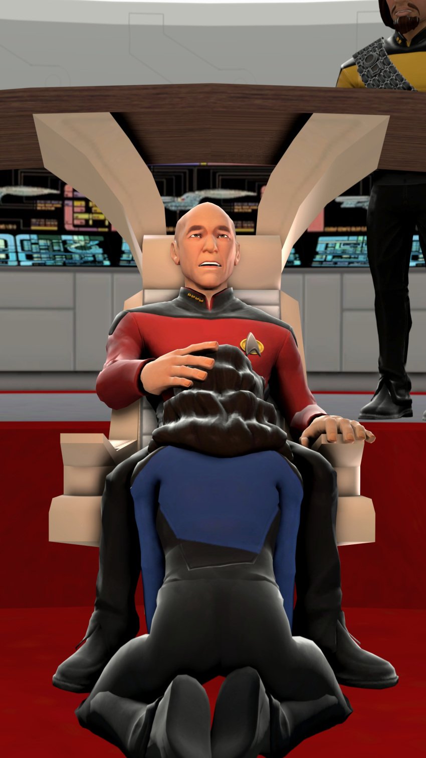 1girls 2021 3d alien betazoid_(species) blue_shirt captain's_chair clothed combadge deanna_troi fellatio female golden_shirt head_grab human humanoid implied_fellatio implied_oral jean-luc_picard klingon_(species) kneeling lcars male oral red_shirt ships_bridge shittyhorsey sitting spaceship spaceship_interior star_trek star_trek_the_next_generation starfleet_insignia starfleet_uniform straight worf