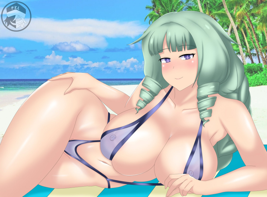 1girls beach big_ass big_breasts bikini green_hair hand_on_leg hand_on_thigh long_hair looking_at_viewer metal_slug metal_slug_attack nipples nipples_visible_through_clothing only_female purple_bikini purple_eyes seductive snk solo_focus summer the_perkalx92 thick_thighs twintails zahara_(metal_slug)