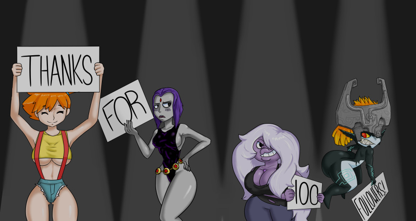 4girls :3 amethyst_(gem) amethyst_(steven_universe) ass big_ass big_breasts cartoon_network crossover dc dc_comics eastern_and_western_character female female_only gem_(species) gym_leader huge_ass huge_breasts imp imp_midna kasumi_(pokemon) light-skinned_female light_skin long_hair midna milestone_celebration misty_(pokemon) multiple_girls nintendo orange_hair pokemon pokemon_(anime) purple_hair purple_skin rachel_roth raven_(dc) short_hair shortstack slopster! steven_universe suspenders teen_titans the_legend_of_zelda twilight_princess underboob