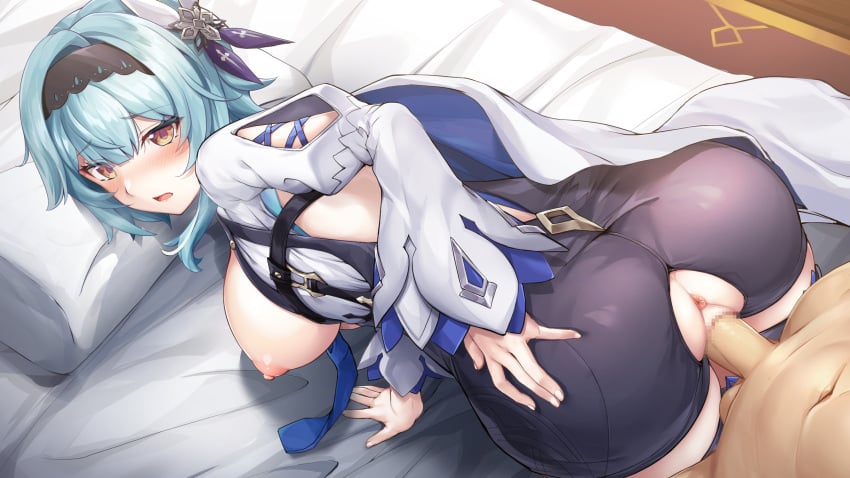 1girls anus ass bent_over blue_hair blush breasts clothed_sex eula_(genshin_impact) exposed_anus female genshin_impact gloves hi_res large_breasts leotard male nipples pineapp_panda pussy sex straight torn_leotard vaginal_penetration