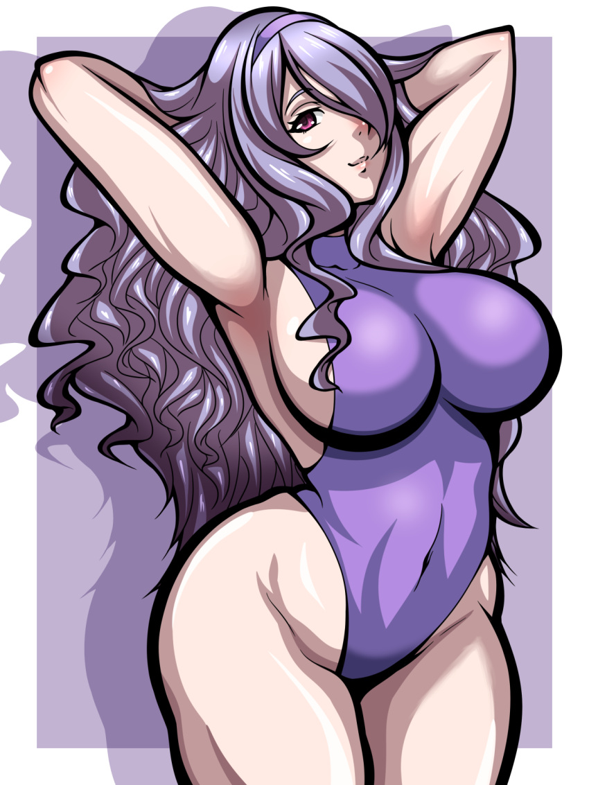 1girls armpits arms_behind_head bare_thighs camilla_(fire_emblem) fire_emblem fire_emblem_fates gymnast_leotard hair_over_one_eye hairband inabakun00 large_breasts leotard looking_at_viewer nintendo purple_hair sideboob smile solo thick_thighs very_long_hair violet_eyes wavy_hair wide_hips