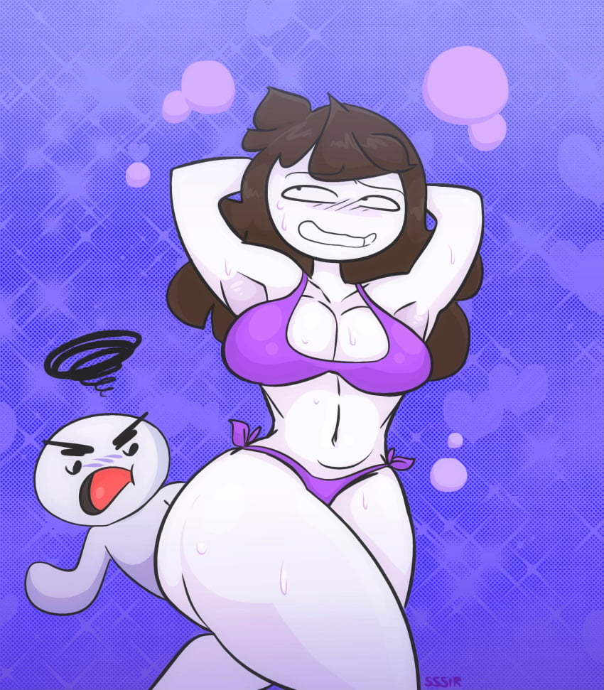 1boy 1girls 2021 angry ass bald bikini blush breasts brown_hair embarrassed jaiden jaiden_animations james_(theodd1sout) long_hair open_mouth purple_background size_difference slobbyslapper sssir sssir8 sweat theodd1sout theodd1sout_(character) white_skin youtube youtuber