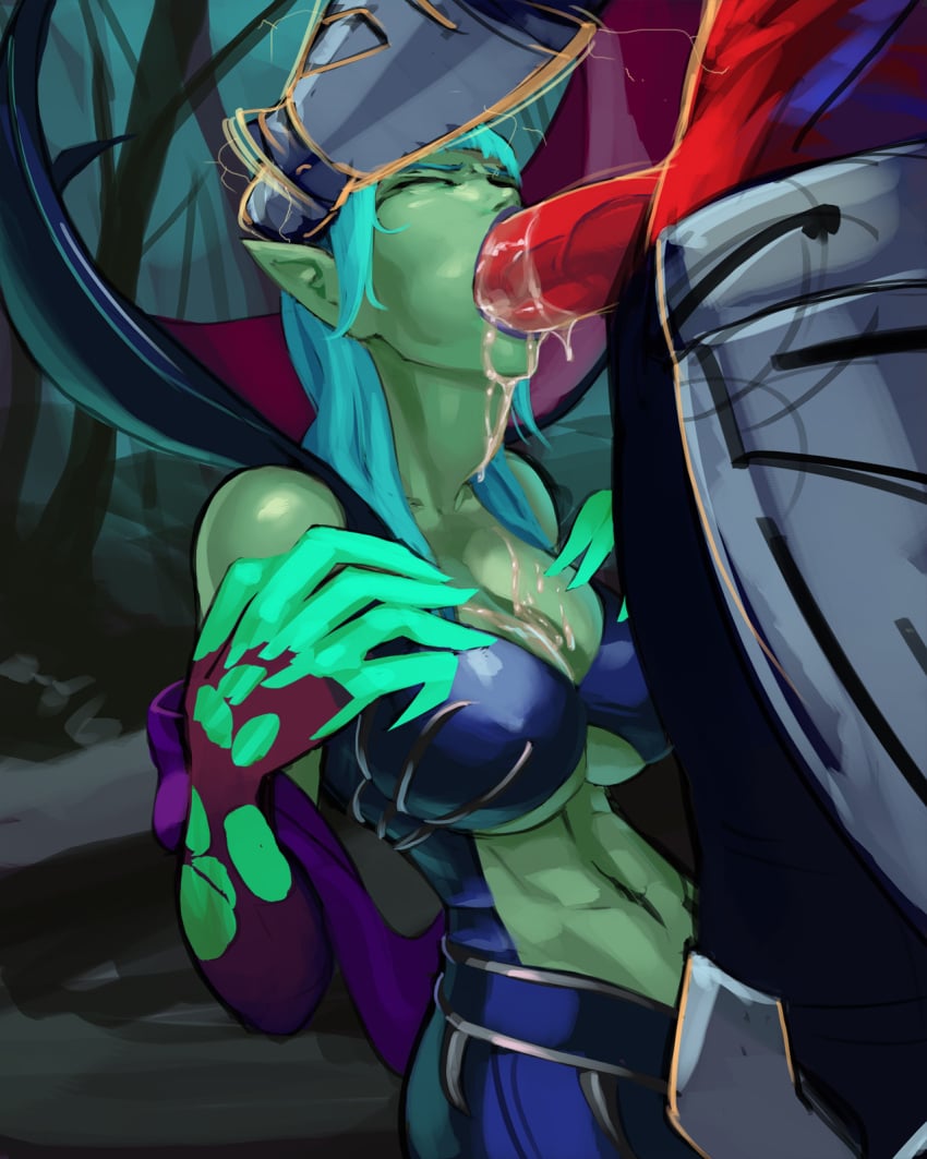 1boy 1girls aka6 aqua_hair big_breasts blowjob blue_hair breasts closed_eyes clothed cum cum_in_mouth cum_on_breasts cum_out_mouth death_prophet deep_blowjob deep_throat deepthroat dota_2 elf_ears fellatio green_skin head_grab krobelus_the_death_prophet oral oral_sex pointy_ears red_skin straight sven_the_rogue_knight throat_bulge