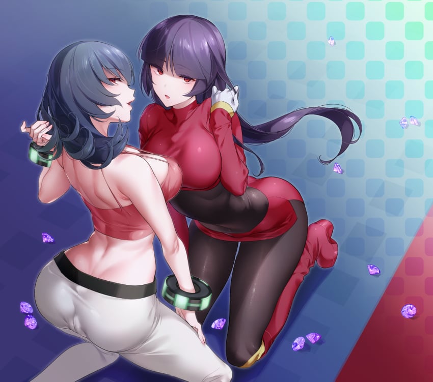 2girls akira_(natsumemo) ass big_ass big_breasts blue_hair boots bracelet bracelets breasts cameltoe female female_only fingernails fully_clothed gloves gym_leader hizuki_akira kneeling light-skinned_female light_skin long_hair looking_at_viewer looking_back nintendo on_knees pink_fingernails pokemon pokemon_frlg pokemon_hgss pokemon_rgby purple_hair red_eyes sabrina_(pokemon) sabrina_(pokemon_frlg) sabrina_(pokemon_hgss) skin_tight tagme