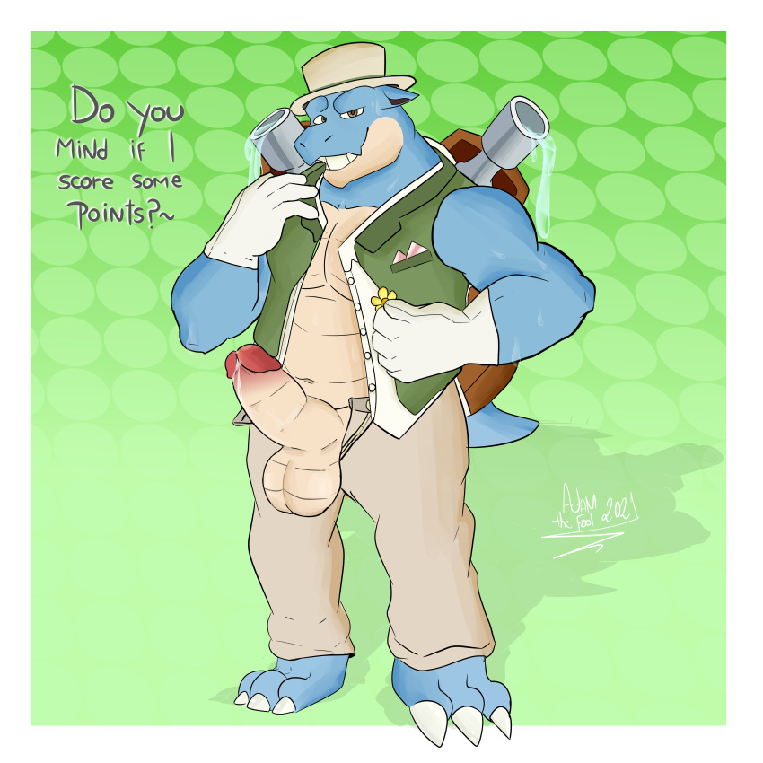 adamthefool anthro balls barazoku belly blastoise bodily_fluids bottomwear clothed clothing cum elegant erection furry genital_fluids genitals gentleman hi_res humanoid_genitalia jacket looking_at_viewer male male/male male_only nintendo nude open_bottomwear open_clothing open_pants overweight overweight_male pants partially_clothed penis pokémon_(species) pokemon pokemon_unite precum reptile scalie sex shirt smile solo teeth text topwear turtle video_games