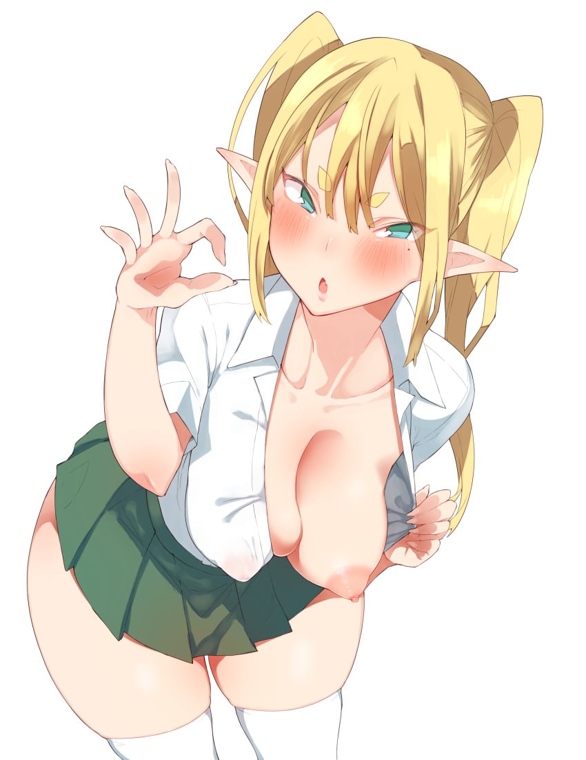 absurdres aqua_eyes bangs blonde_hair blush breasts cleavage covered_nipples female handjob_gesture highres hikimayu kz_oji looking_at_viewer mole mole_under_eye nipples one_breast_out open_clothes open_mouth original pleated_skirt pointy_ears school_uniform simple_background skindentation skirt thighhighs twintails white_background white_legwear