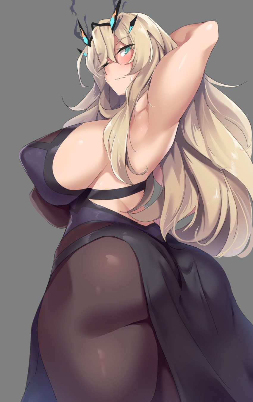 1girls absurd_res arm_behind_head armpits ass bangs bare_shoulders barghest_(gawain)_(fate) black_dress blonde_hair blue_eyes breasts brown_legwear clothing dress fate/grand_order fate_(series) female green_eyes heterochromia hi_res horns kuronyan large_breasts legwear long_hair looking_at_viewer one_arm_up one_eye_closed pantyhose red_eyes sideboob solo straight_hair thighs