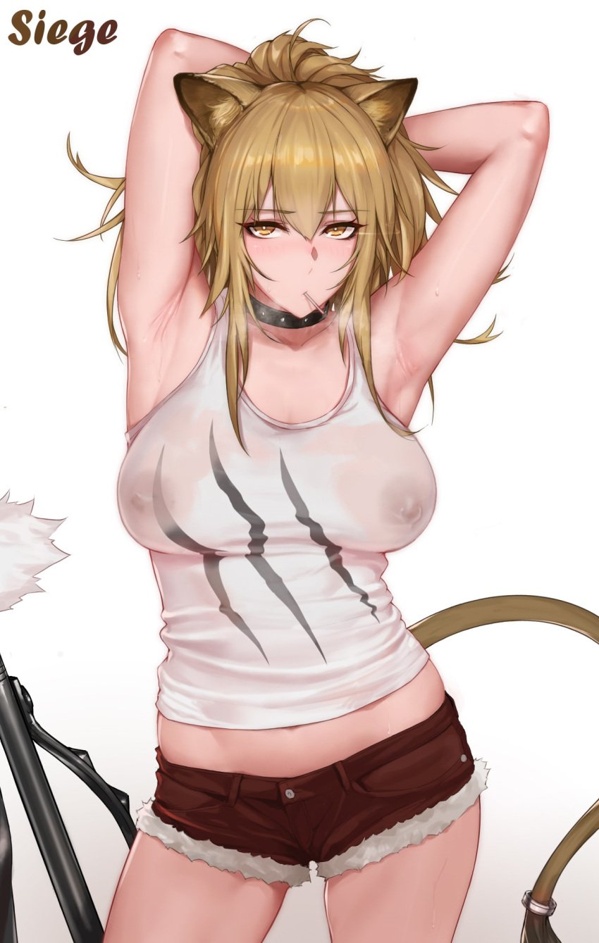 1girls 2020s 2021 animal_ears arknights armpits arms_behind_head arms_up bangs bare_shoulders blonde_hair blush breasts brown_shorts character_name closed_mouth collar collarbone cutoffs dark_nipples denim_shorts female female_only front_view hair_between_eyes jean_shorts large_breasts lion_ears lion_tail long_hair looking_at_viewer nipple_piercing no_bra orange_eyes red_bottomwear rosaline see-through_top shiny_hair shiny_skin short_shorts shorts siege_(arknights) simple_background solo sweat tail tank_top third-party_edit tomboy white_background white_tank_top white_topwear yellow_eyes