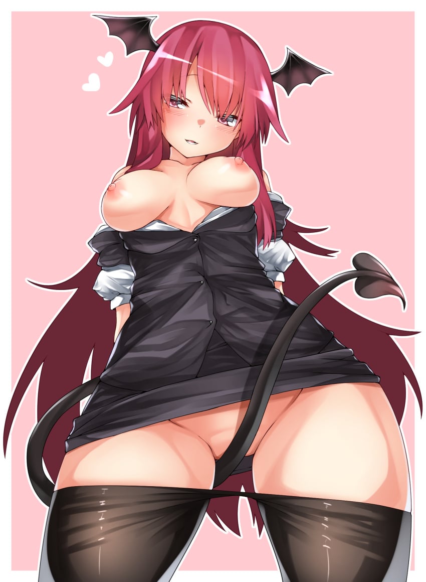 black_legwear blush breasts clothes_pull commentary_request convenient_censoring demon_girl demon_tail female head_wings highres koakuma kz_oji long_hair looking_at_viewer medium_breasts nipples no_panties pantyhose pantyhose_pull red_eyes red_hair solo standing succubus tail tail_censor touhou very_long_hair