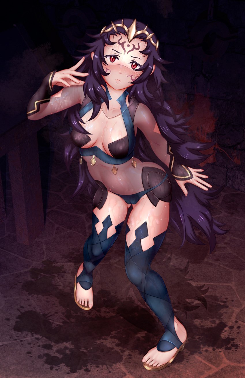 1girls ass ass_visible_through_thighs bare_thighs blood blue_panties bodystocking dungeon fire_emblem fire_emblem_fates imo_karubi indoors looking_at_viewer medium_breasts mouth_veil nintendo nyx_(fire_emblem) open_toe_shoes panties partially_visible_vulva purple_hair red_eyes sideboob solo tattoo veil very_long_hair wet