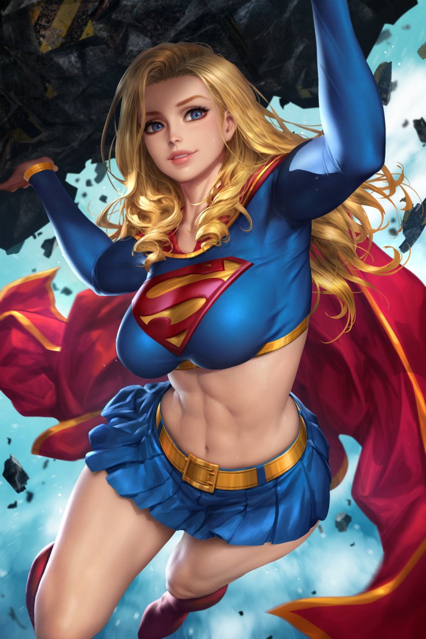 1girls abs action_pose arms_up big_breasts blonde_hair blue_eyes boots breasts cape clothed clothing dc dc_comics female female_focus female_only fit fit_female flying hair holding holding_object kara_danvers kara_zor-el kryptonian large_breasts legs long_hair midriff muscular muscular_female navel neoartcore shirt skirt smile solo solo_female solo_focus supergirl superheroine superman_(series) thighs tight tight_clothing tight_shirt toned toned_female