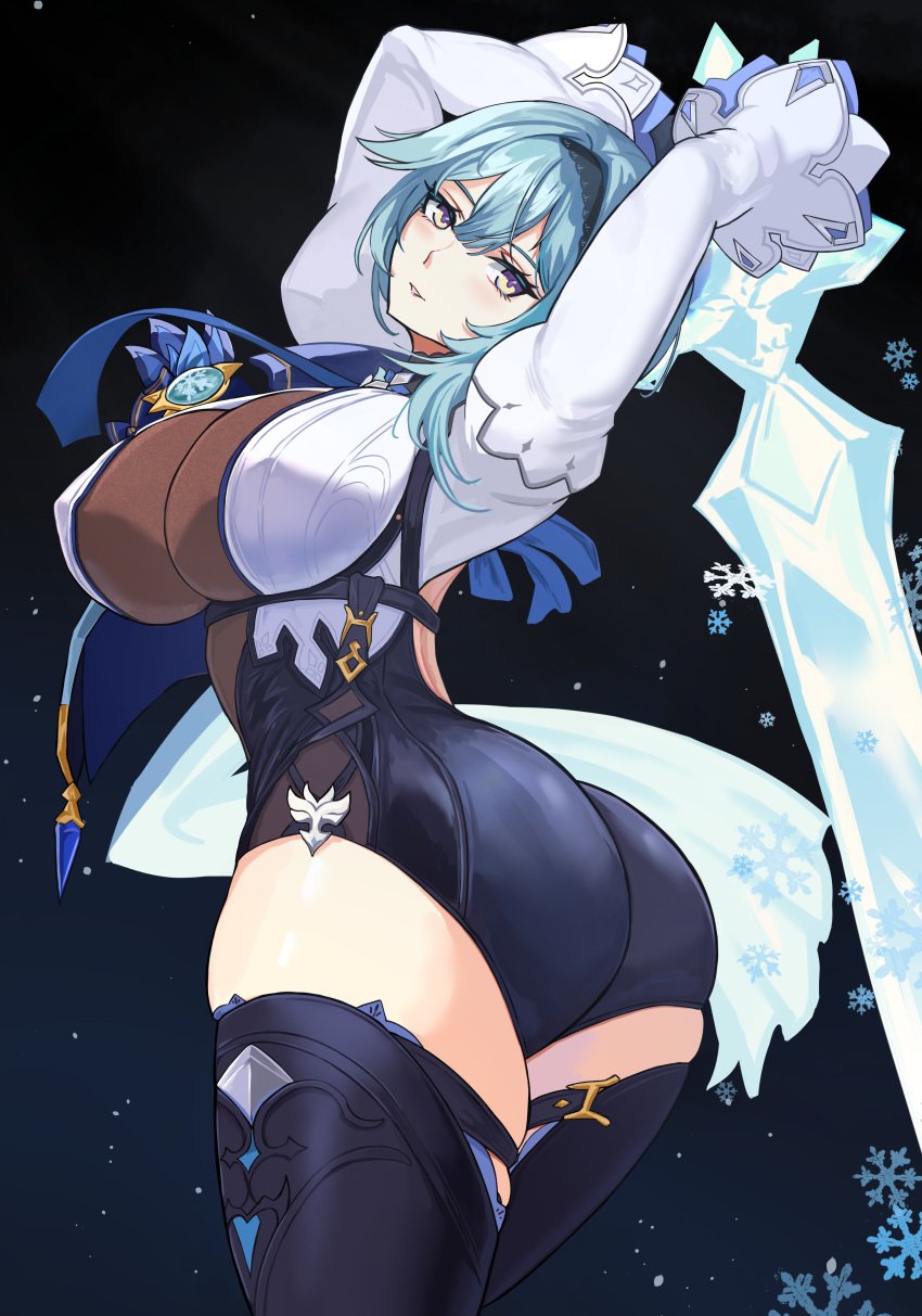 1girls 2021 ass ass_focus ass_shot asymmetrical_hair backless_outfit blue_hair breasts bubble_butt clothed dark_background elegant eula_(genshin_impact) female female_focus female_only genshin_impact hairband holding_object huge_ass huge_breasts long_sleeves looking_back looking_over_shoulder loooyd medium_hair ornate_clothing posing_with_weapon purple_eyes simple_background snowflake solo thick_thighs thigh_boots thigh_high_boots thighs tight_clothing tight_fit two-tone_clothing weapon