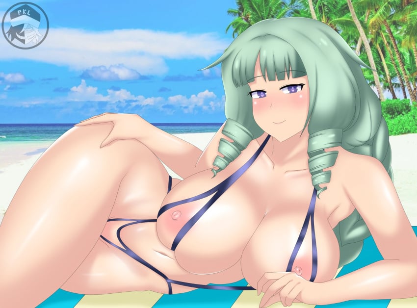 1girls beach big_ass big_breasts bikini green_hair hand_on_thigh happy long_hair looking_at_viewer metal_slug metal_slug_attack nipples only_female pigtail purple_bikini purple_eyes seductive snk summer the_perkalx92 thick_thighs zahara_(metal_slug)