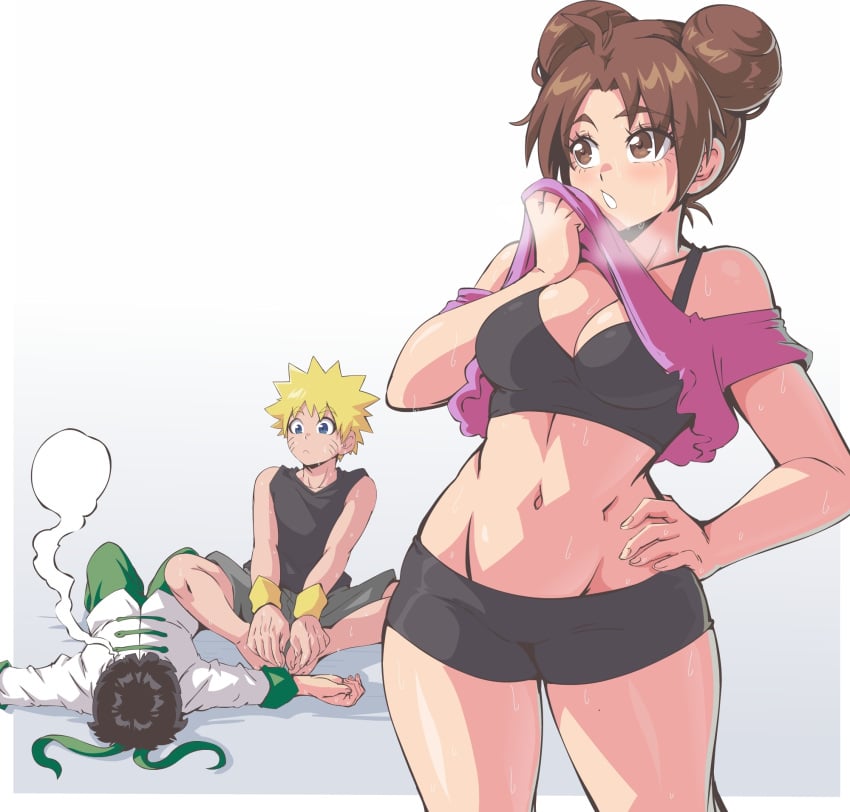 1girls 2boys after_exercise after_training athletic athletic_female black_hair blonde_hair breasts breath brown_hair cleavage clothes_lift crop_top double_bun exhausted facial_mark green_headband hair_bun hand_on_hip headband highres lewdamone looking_at_another lying multiple_boys naruto naruto_(series) naruto_shippuden official_alternate_costume on_back rock_lee shirt_lift sitting spiked_hair sports_bra standing sweat tank_top tenten tired toned uzumaki_naruto whisker_markings whiskers wiping_face wiping_with_shirt wristband