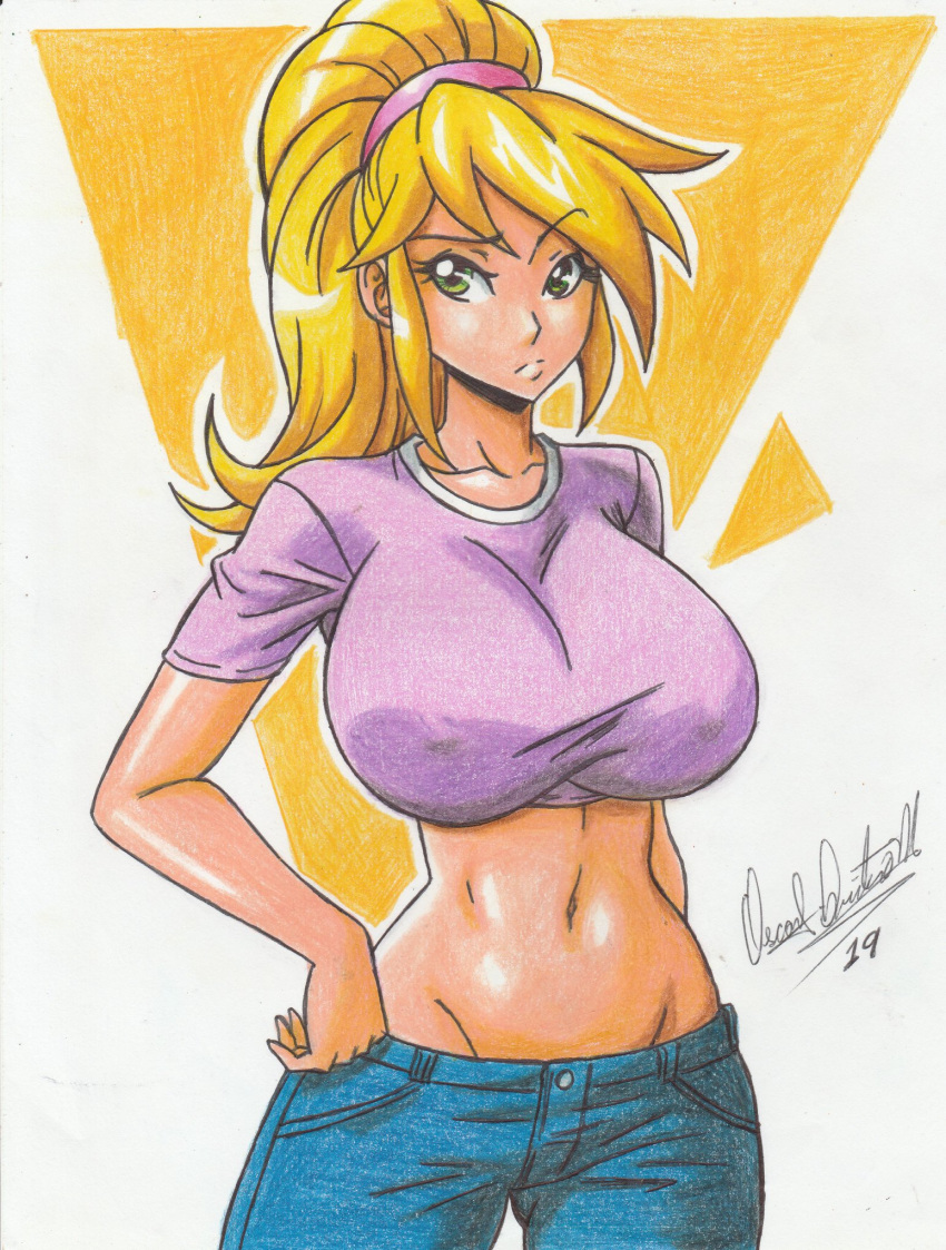 1girls 2019 big_breasts blonde_hair breasts crop_top female female_only green_eyes hand_on_hip huge_breasts jeans large_breasts midriff navel nina_(sni) nipples_visible_through_clothing pants ponytail ravern_clouk sanity_not_included solo tied_hair