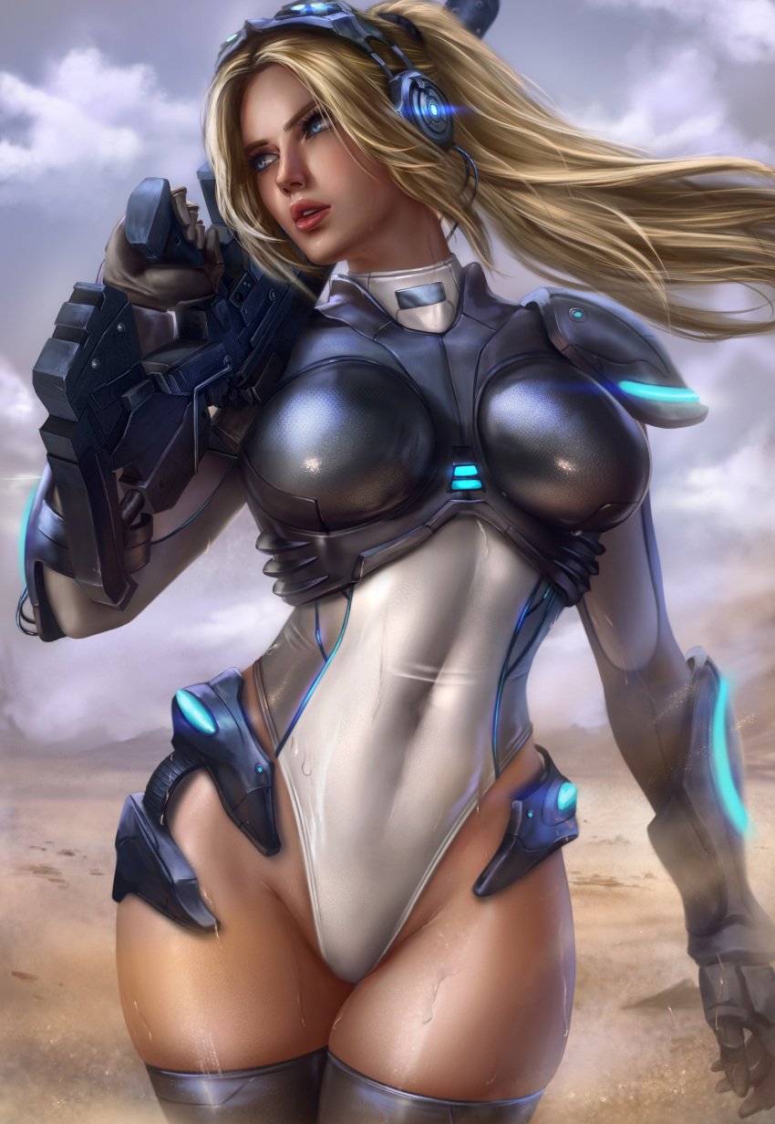 1girls armor armored_gloves big_breasts blizzard_entertainment blonde_hair blue_eyes breastplate breasts clothed clothing desert female female_focus female_only fit fit_female gloves gun hips holding_gun holding_weapon leotard logan_cure long_ponytail navel nova_(starcraft) ponytail realistic sand solo solo_female solo_focus starcraft sweat sweatdrop sweating thick_thighs thighhighs thighs tight tight_clothing toned toned_female walking weapon