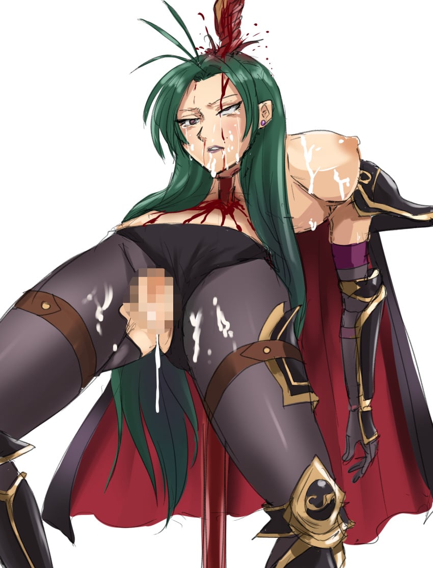 blood breasts censored cum dark_green_hair death decapitation earrings female female_death fire_emblem fire_emblem:_path_of_radiance gore guro impaled_head impalement necrophilia nipples petrine_(fire_emblem) veiled616