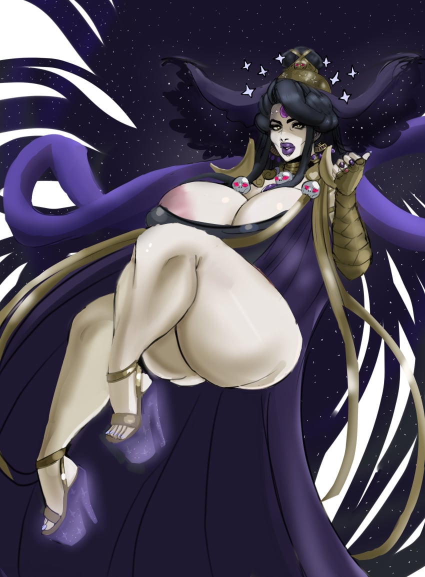 1girls big_lips black_hair hades_(game) huge_ass huge_breasts large_breasts milf nyx_(hades) open_toe_shoes pale_skin purple_lipstick solo solo_female thick thick_thighs venus_body ysr3215