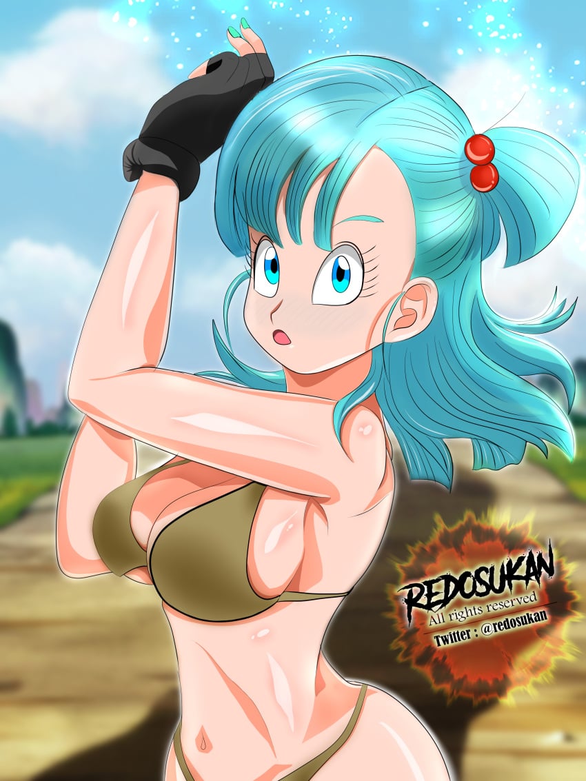 1girls artist_name bikini blue_eyes blue_hair blush breasts bulma_briefs character_name copyright_name dragon_ball dragon_ball_super dragon_ball_z eye_contact female female_only high_resolution highres long_hair looking_at_viewer redosukan shounen_jump shy solo teenager