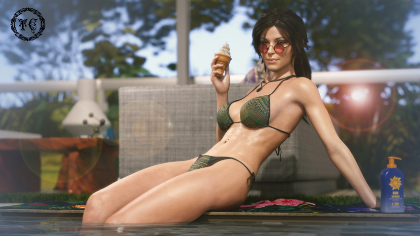 1girls 3d abs absurd_res bikini breasts brown_hair female female_focus female_only highres ice_cream lara_croft lara_croft_(survivor) lens_flare long_hair looking_at_viewer looking_over_eyewear looking_over_glasses looking_over_sunglasses panties ponytail pool red-tinted_eyewear solo sunglasses swimsuit swimwear tagme th3celtic theceltic thighs tied_hair tinted_eyewear tomb_raider