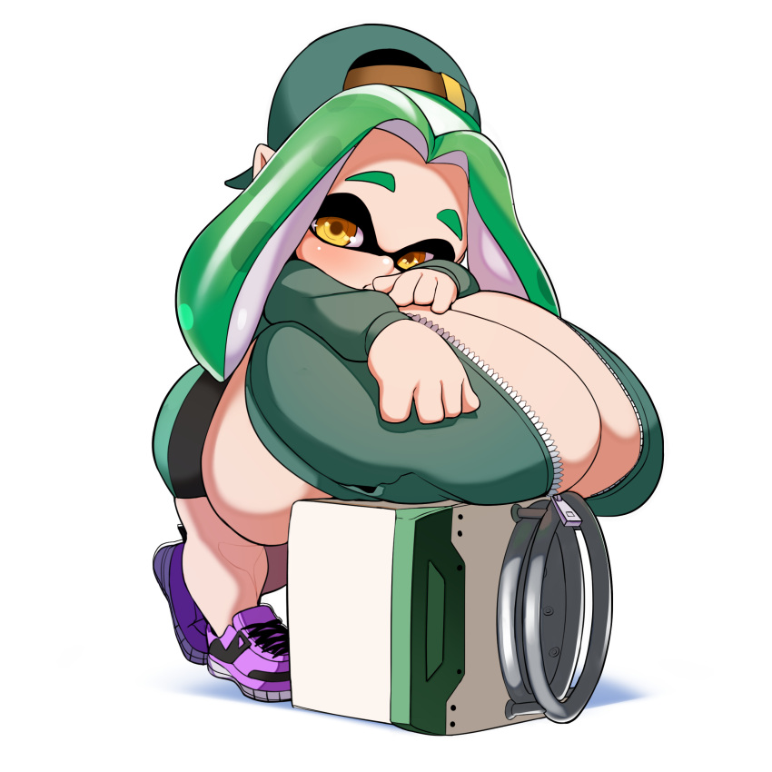 1girls ass big_ass big_breasts bike_shorts breasts cleavage female female_only giant_breasts green_hair hat huge_breasts hyper hyper_breasts inkling leaning_on_object massive_breasts naze nintendo revealing_clothes shorts shortstack solo splatoon thick_thighs tight_clothing tight_shorts top_heavy