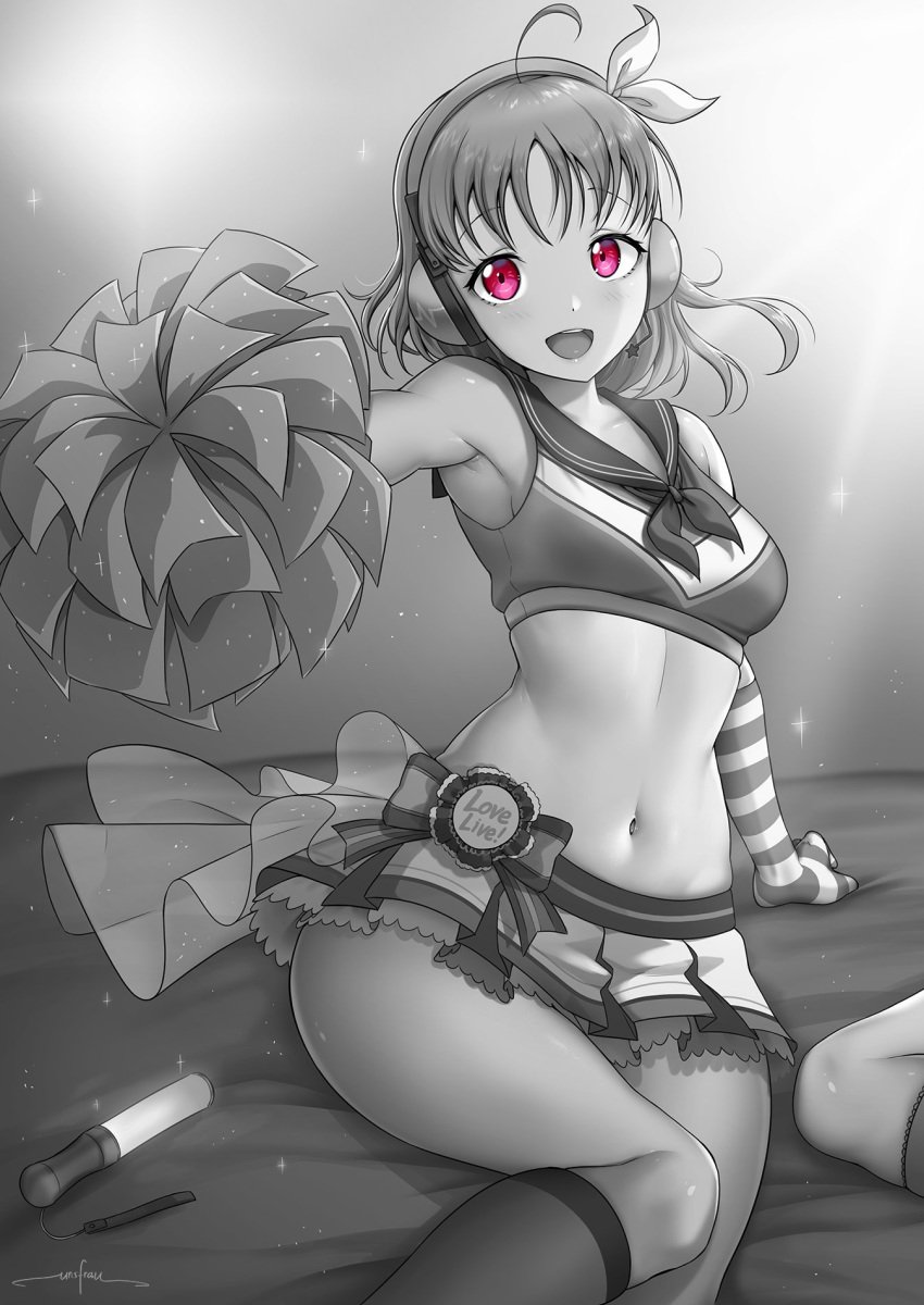 1girls ahoge alternate_version_available artist_name bare_legs bare_shoulders belly belly_button black_and_white blush bow breasts cheerleader clothes_writing collarbone eye_contact female female_focus female_only frilled_skirt frills greyscale hair_between_eyes hair_ornament headphones headset hi_res high_resolution highres light-skinned_female light_skin linea_alba long_hair looking_at_viewer love_live! love_live!_school_idol_festival love_live!_school_idol_project love_live!_sunshine!! medium_breasts midriff miniskirt monochrome navel open_mouth pale-skinned_female pale_skin paradise_live parted_lips plaid plaid_skirt pleated pleated_skirt pom_pom_(cheerleading) pom_pom_(clothes) pom_poms red_eyes sailor_collar shirt short_hair side_braid simple_background sitting_on_bed skirt sleeveless sleeveless_shirt solo solo_female sparkle sportswear stomach striped striped_bow takami_chika takaramonozu tank_top thick_thighs unsfrau wide_eyed