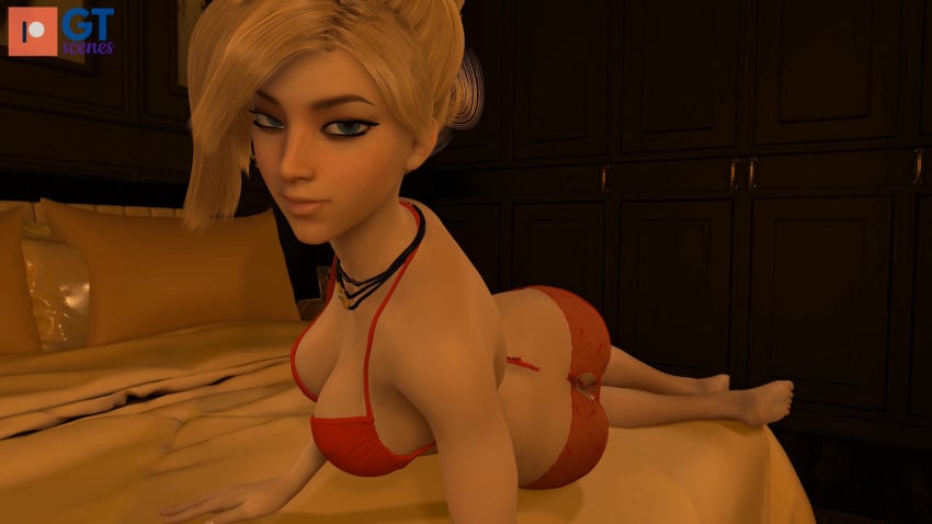 1girls 3d 3d_(artwork) angela_ziegler ass ass_cleavage bedroom blizzard_entertainment blonde_hair blue_eyes breasts butt_crack cleavage female female_focus female_only gt_scenes indoor looking_at_viewer mercy necklace overwatch patreon smiling_at_viewer solo solo_female solo_focus tagme