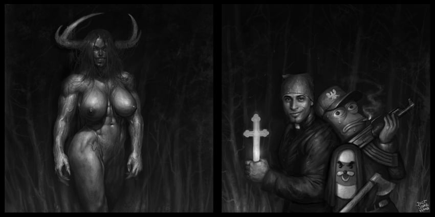 abs areolae big_breasts black_and_white blood blood_on_face busty creepy dark dark_hair demon demon_girl demon_horns demoness fantasy fit fit_female forest funny gondola grayscale greyscale horns horror justsomenoob large_breasts long_fingernails long_hair looking_at_viewer meme messy_hair monochrome muscles muscular muscular_female naked nightmare_waifu nipples nude oc original_character pepe_the_frog ricardo_milos sharp_fingernails sharp_nails spurdo standing strong thick thick_thighs vein veins veiny veiny_muscles wide_hips