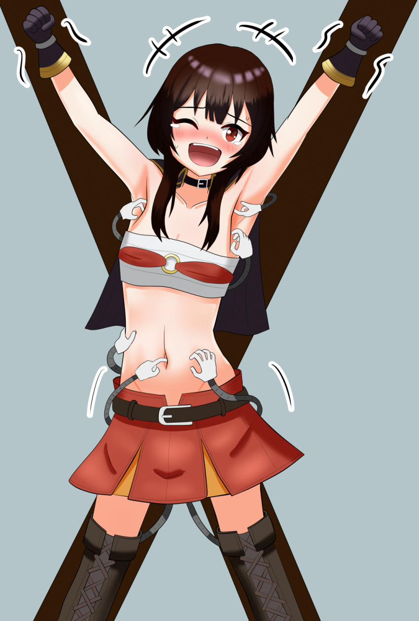 armpits bondage brown_hair female kono_subarashii_sekai_ni_shukufuku_wo! megumin navel_insertion saint_andrew's_cross tickling tickling_armpits tickling_belly_button x_frame