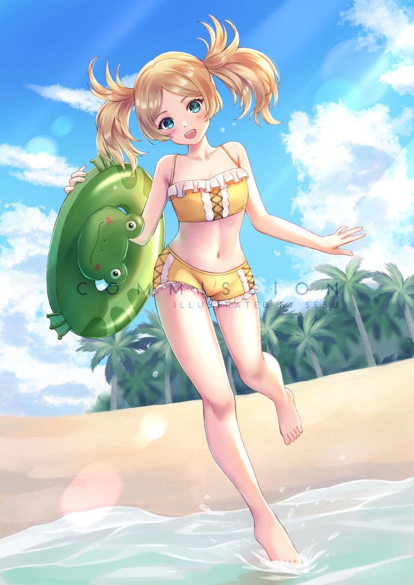 1girls alternate_costume barefoot beach bikini bikini_shorts bikini_top blonde_hair blue_eyes breasts cleavage commission feet female fire_emblem fire_emblem_awakening frilled_bikini frog highres innertube lissa_(fire_emblem) long_hair looking_at_viewer navel nintendo ocean palm_tree running sebu_illust shorts smile solo swimsuit toes tree twintails water yellow_bikini yellow_swimsuit