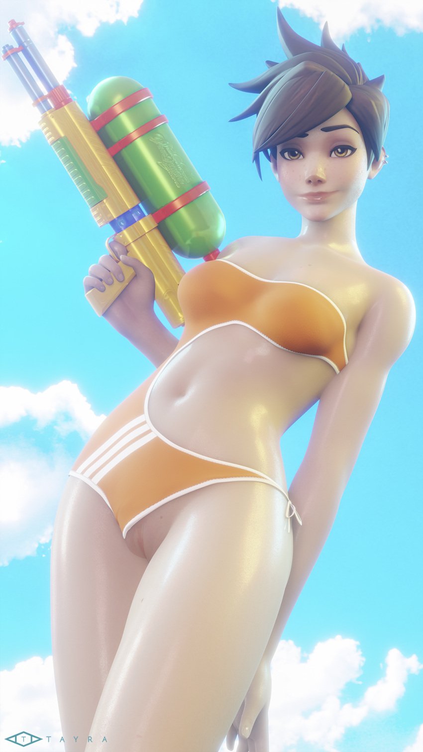 1girls 3d beach breasts brown_hair cleavage female female_only hairless_pussy human lifeguard_tracer looking_at_viewer navel one-piece_swimsuit orange_clothing orange_swimsuit outdoors outside overwatch panties_aside pose posing pussy shaved_pussy shiny_skin short_hair solo solo_female squirt_gun standing stomach_cutout strapless_swimsuit swimsuit swimsuit_aside tayra tracer