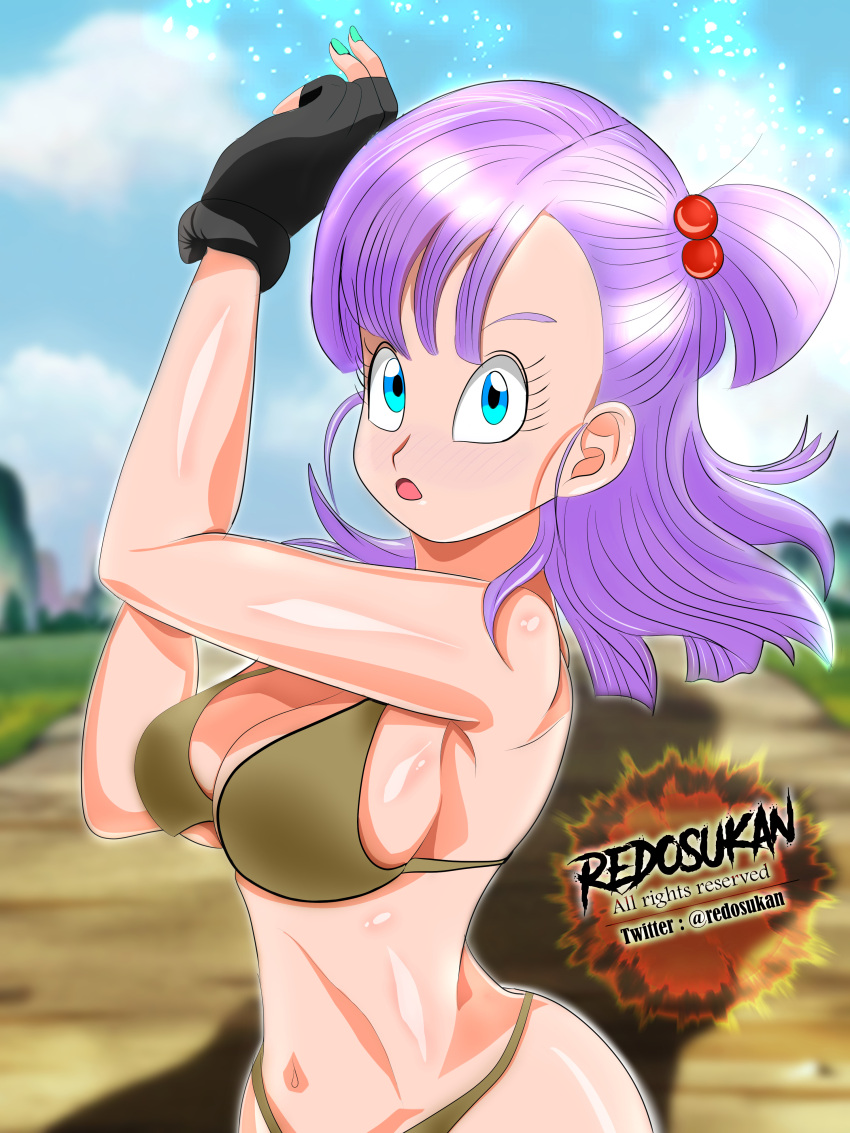 1girls artist_name bikini blue_eyes blue_hair blush breasts bulma_briefs character_name copyright_name dragon_ball dragon_ball_super dragon_ball_z eye_contact female female_only long_hair looking_at_viewer redosukan shounen_jump shy solo teenager violet_hair