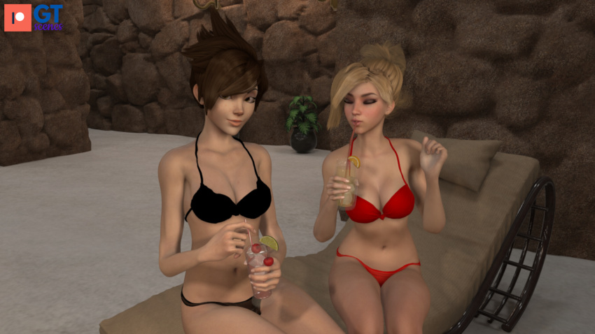 2girls 3d 3d_(artwork) angela_ziegler blizzard_entertainment blonde_hair bra breasts brown_hair female female_focus female_only gt_scenes indoor indoors lena_oxton looking_at_viewer mercy overwatch patreon poolside tagme tracer