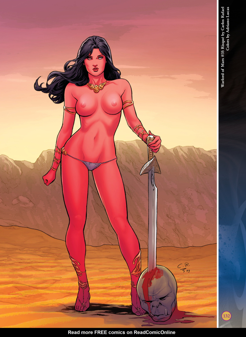 1girls 5:7 a_princess_of_mars adriano_lucas anklet areolae armlet barsoom bikini_bottom black_hair black_hair_female bracelet breasts carlos_rafael dejah_thoris fit_female holding_weapon hourglass_figure john_carter_of_mars long_black_hair long_hair long_hair_female looking_at_viewer martian necklace nipples official_art pink_skin public_topless purple_eyes questionable royalty severed_head sword topless two_tone_sky voluptuous