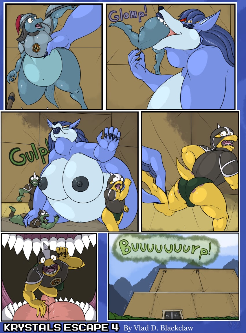 1:1 2021 5_fingers absurd_res anthro anthro_pred anthro_prey bbw belly big_belly big_breasts blue_body blue_eyes blue_fur blue_hair blue_scales breasts burp burping canid canine claws comic darkartist digestion dinosaur fat female female_pred fingers fox fur furry giantess gulp hair headgear helmet hi_res huge_breasts krystal larger_anthro larger_female larger_pred lips lizard macro male male_prey mammal mini_giantess nintendo nipples obese obese_anthro obese_female open_mouth oral_vore overweight overweight_anthro overweight_female reptile scales scalie sharp_teeth sharpclaw size_difference smaller_anthro star_fox swallowing teeth theropod thick_thighs tongue video_games vore watermark weapon yellow_body yellow_scales