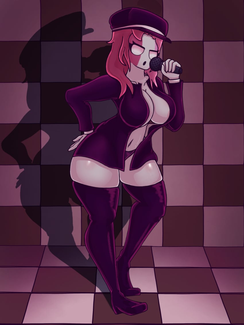 big_ass big_breasts big_thighs boots crossover female_only five_nights_at_freddy's fnaf friday_night_funkin hat jacket magenta_hair mid-fight_masses mod partially_clothed pink_skin purple_guy purple_hair sarvente_(dokki.doodlez) security_guard uniform white_eyes white_skin