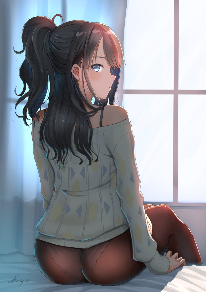 aqua_shirt ass bangs bed black_legwear blue_eyes bra_strap curtains diamond_(shape) ear_piercing female high_ponytail high_resolution idolmaster indoors kazano_hiori light_blush long_hair long_sleeves looking_at_viewer looking_back no_pants off-shoulder_shirt off_shoulder on_bed panties_under_pantyhose pantsu pantyhose piercing ponytail shirt shougun_(chuckni1) sidelocks sitting solo sunset tagme the_idolm@ster:_shiny_colors tied_hair underwear white_panties white_underwear window