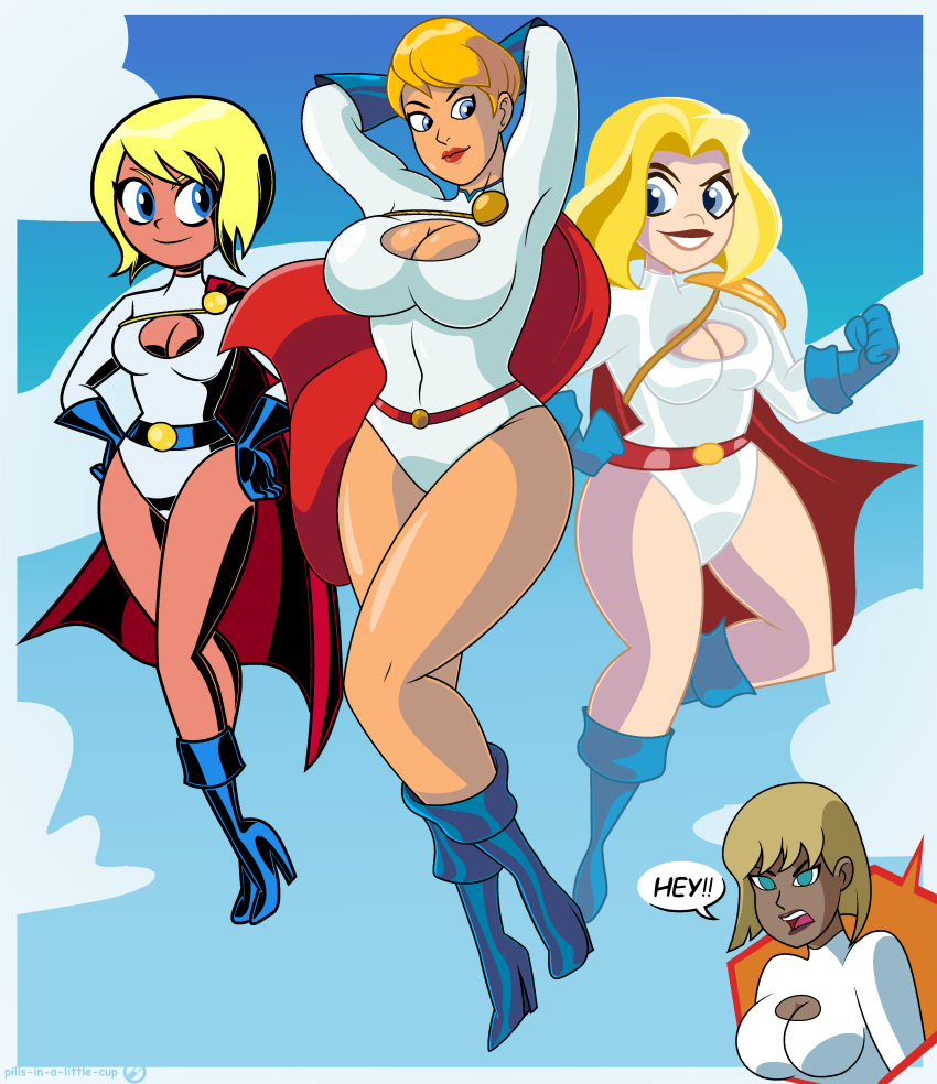 4girls big_breasts blonde_hair blue_eyes cartoon_network cleavage cleavage_cutout crossover dc dc_comics dc_super_hero_girls dcau dcuaom female female_only galatea justice_league_unlimited kara_danvers_(shg) kara_zor-el kara_zor-l karen_starr leotard multiple_girls multiversal_counterpart_grouping pills-in-a-little-cup power_girl power_girl_(public_enemies) power_girl_(teen_titans_go) short_hair square_crossover superman/batman:_public_enemies teen_titans_go thick_thighs toonami wide_hips