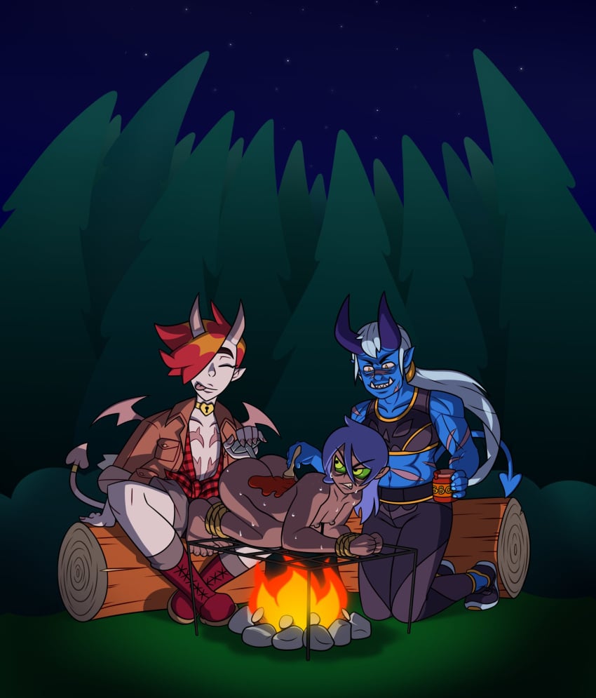 aaravi_mishra campfire camping cannibalism clothed_female clothed_male clothing cooking dahlia_aquino demon female first_porn_of_character forest_background human implied_vore male monster_prom moon night nude nude_female outdoors sawyer_(monster_camp) syscod vore