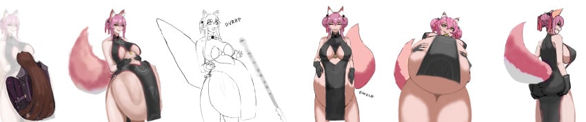 2girls big_ass big_belly big_breasts burp chinese_dress digestion ezkerbkun fate/grand_order fate_(series) female_only fox_tail holding_ass inside_view koyanskaya_(fate) latex_suit long_hair multiple_girls pink_hair post_vore scathach_(fate) sideboob simple_background stomach_bulge thick_thighs underboob underboob_cutout vore weight_gain x-ray yellow_eyes